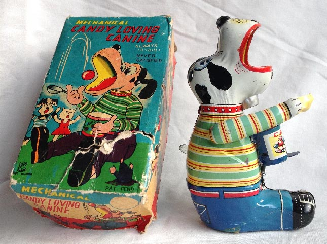 1950's boxed tinplate Japanese TPS Candy Loving Canine clock work wind up toy